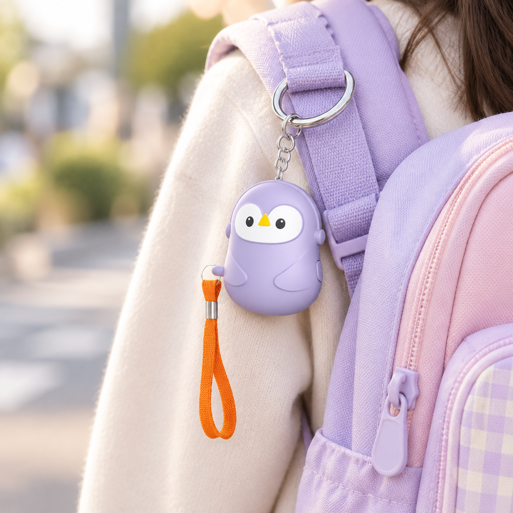 Paars pinguïn veiligheidsalarm aan een schoolrugzak